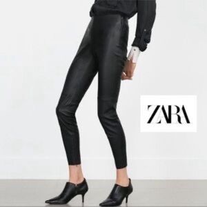 Zara black faux leather high rise zipper ankle leggings Sz S vegan pleather
